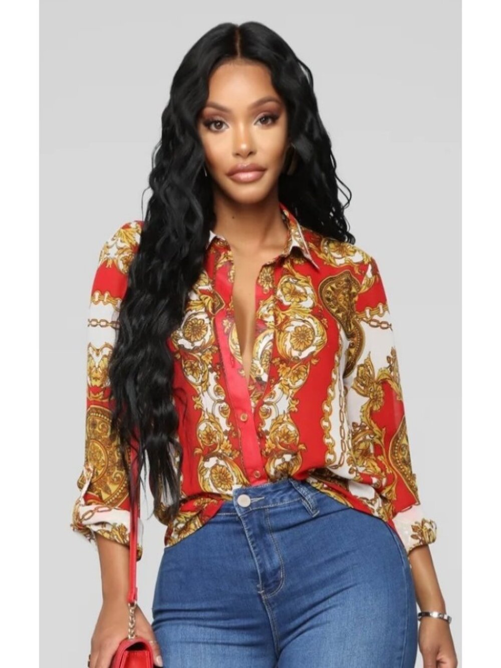 FASHION NOVA Red + Gold Chain Print Rover Button-Up Sheer Collared Blouse NWT XL